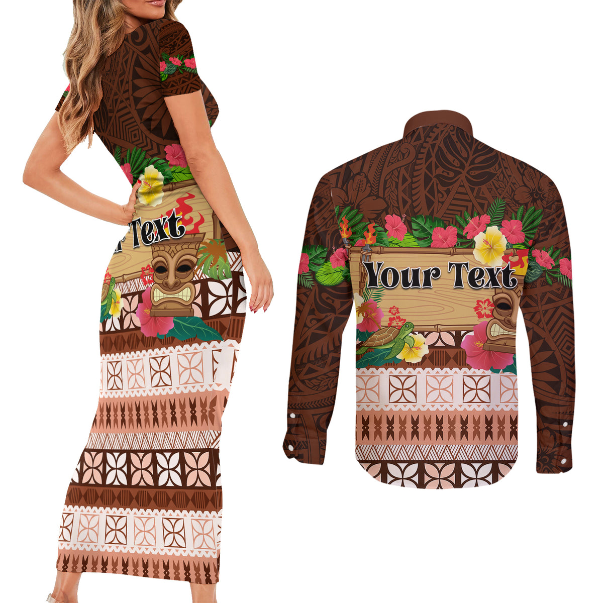 Pasifika Festival Auckland Couples Matching Short Sleeve Bodycon Dress and Long Sleeve Button Shirt Polynesian Tribal with Pacific Pattern Brown Color LT03 - Polynesian Pride