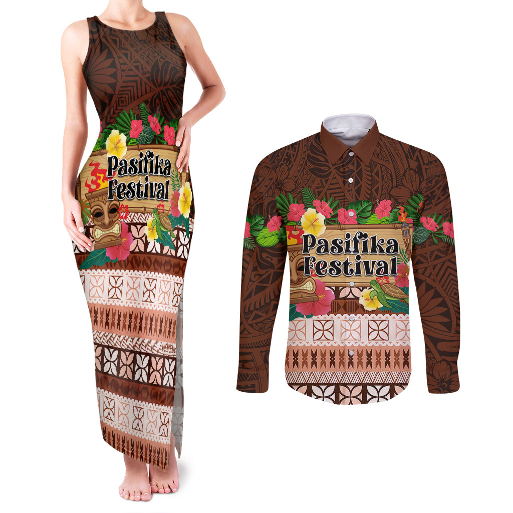 Pasifika Festival Auckland Couples Matching Tank Maxi Dress and Long Sleeve Button Shirt Polynesian Tribal with Pacific Pattern Brown Color LT03 Brown - Polynesian Pride