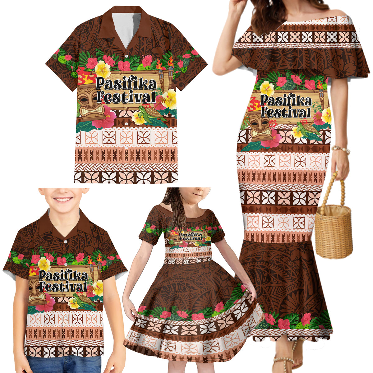 Pasifika Festival Auckland Family Matching Mermaid Dress and Hawaiian Shirt Polynesian Tribal with Pacific Pattern Brown Color LT03 - Polynesian Pride