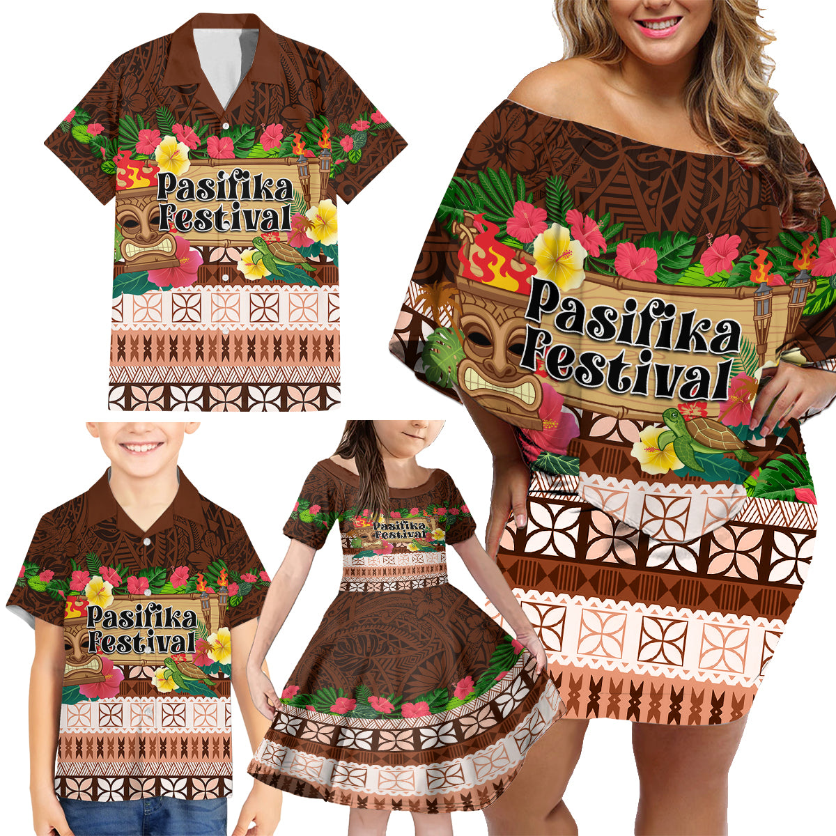 Pasifika Festival Auckland Family Matching Off Shoulder Short Dress and Hawaiian Shirt Polynesian Tribal with Pacific Pattern Brown Color LT03 - Polynesian Pride