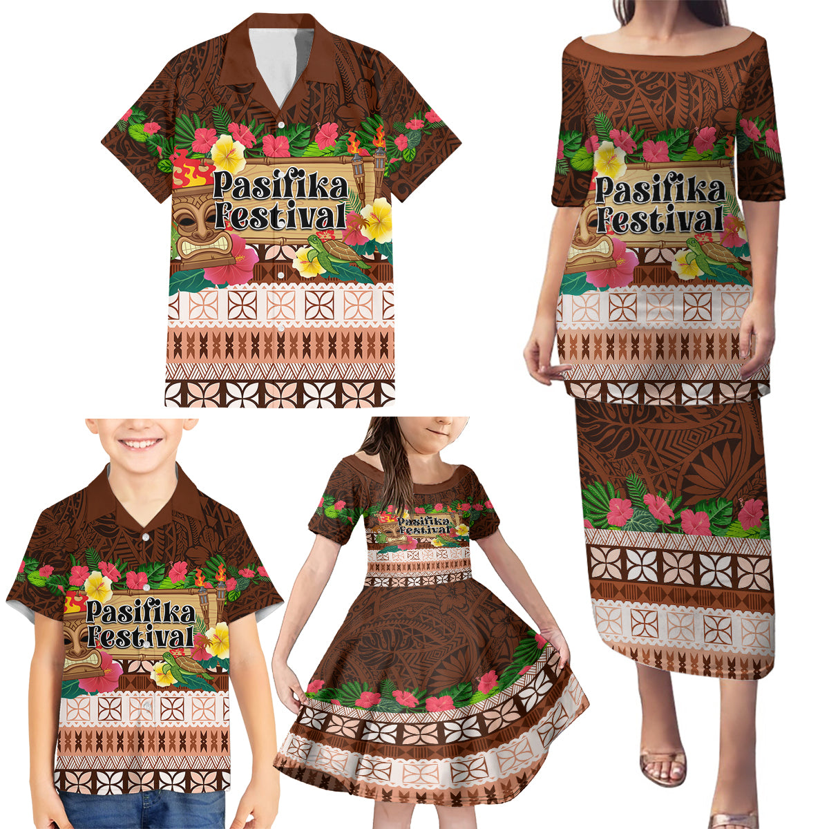 Pasifika Festival Auckland Family Matching Puletasi and Hawaiian Shirt Polynesian Tribal with Pacific Pattern Brown Color LT03 - Polynesian Pride