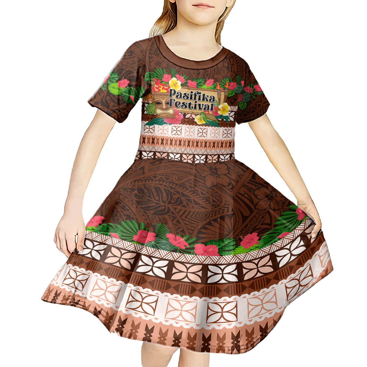 Pasifika Festival Auckland Kid Short Sleeve Dress Polynesian Tribal with Pacific Pattern Brown Color LT03 - Polynesian Pride