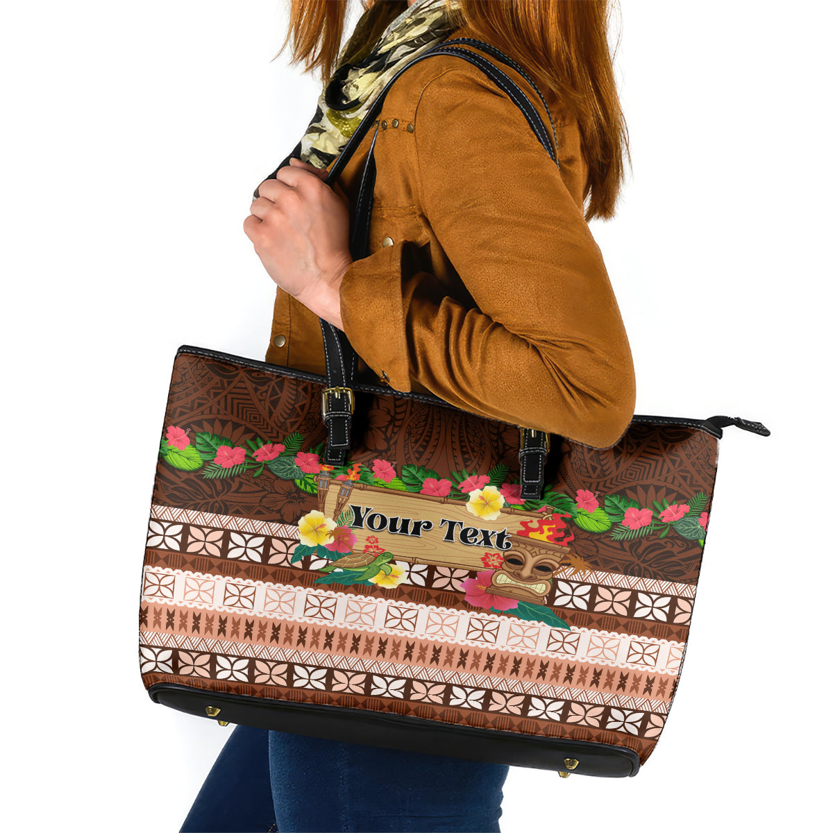 Pasifika Festival Auckland Leather Tote Bag Polynesian Tribal with Pacific Pattern Brown Color LT03 Brown - Polynesian Pride