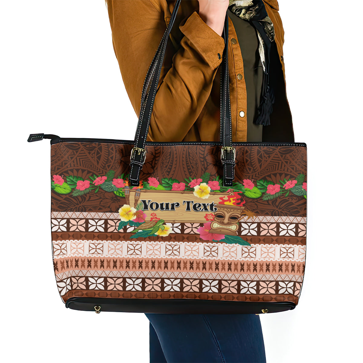 Pasifika Festival Auckland Leather Tote Bag Polynesian Tribal with Pacific Pattern Brown Color LT03 - Polynesian Pride