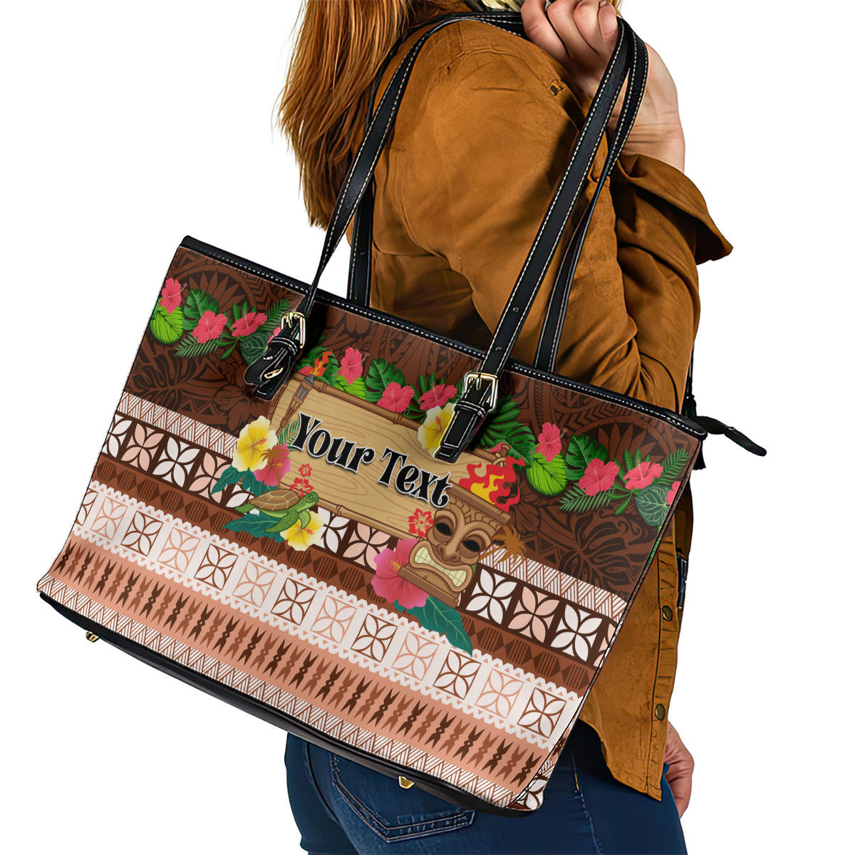 Pasifika Festival Auckland Leather Tote Bag Polynesian Tribal with Pacific Pattern Brown Color LT03 - Polynesian Pride