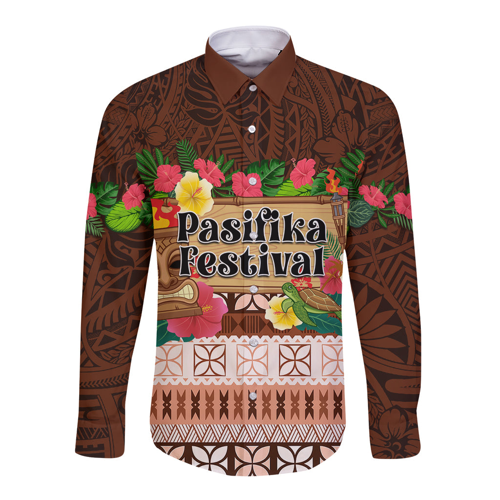 Pasifika Festival Auckland Long Sleeve Button Shirt Polynesian Tribal with Pacific Pattern Brown Color LT03 Unisex Brown - Polynesian Pride