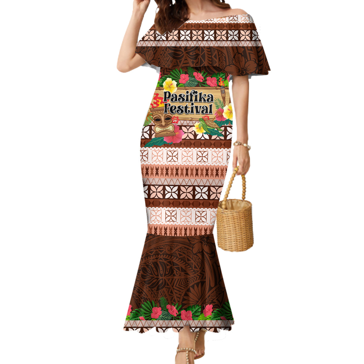 Pasifika Festival Auckland Mermaid Dress Polynesian Tribal with Pacific Pattern Brown Color LT03 Women Brown - Polynesian Pride