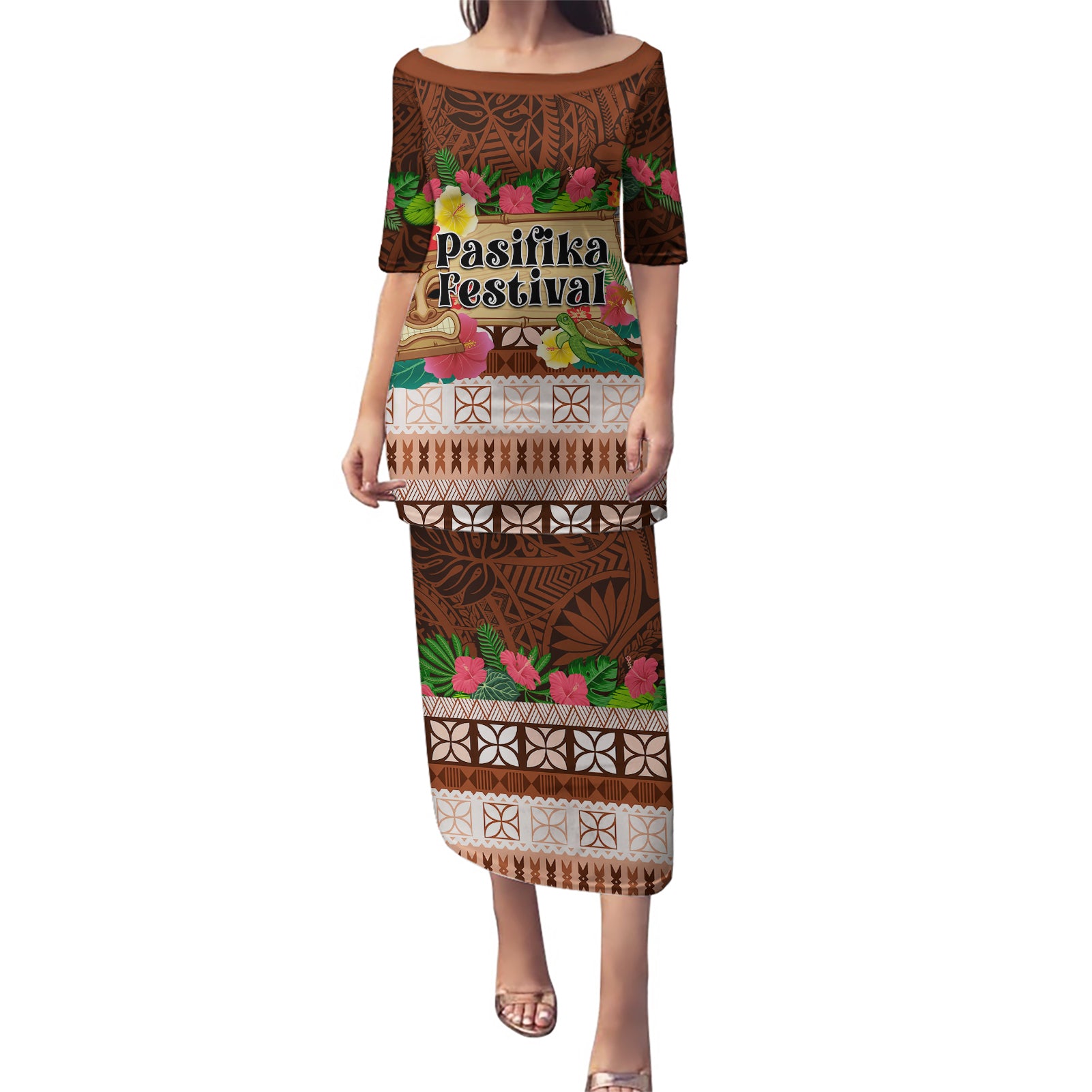 Pasifika Festival Auckland Puletasi Polynesian Tribal with Pacific Pattern Brown Color LT03 Long Dress Brown - Polynesian Pride