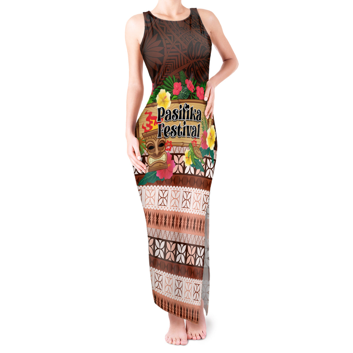 Pasifika Festival Auckland Tank Maxi Dress Polynesian Tribal with Pacific Pattern Brown Color LT03 Women Brown - Polynesian Pride