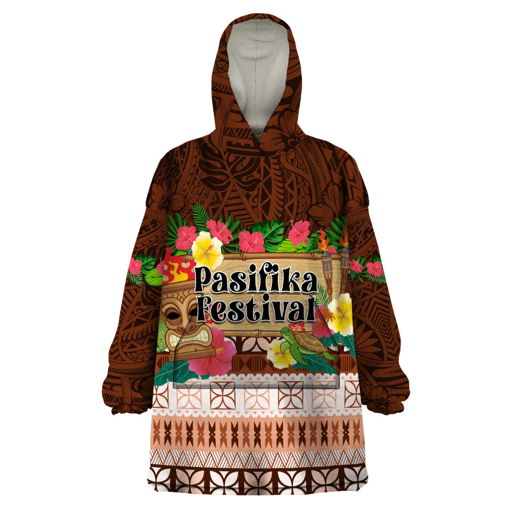 Pasifika Festival Auckland Wearable Blanket Hoodie Polynesian Tribal with Pacific Pattern Brown Color LT03 One Size Brown - Polynesian Pride