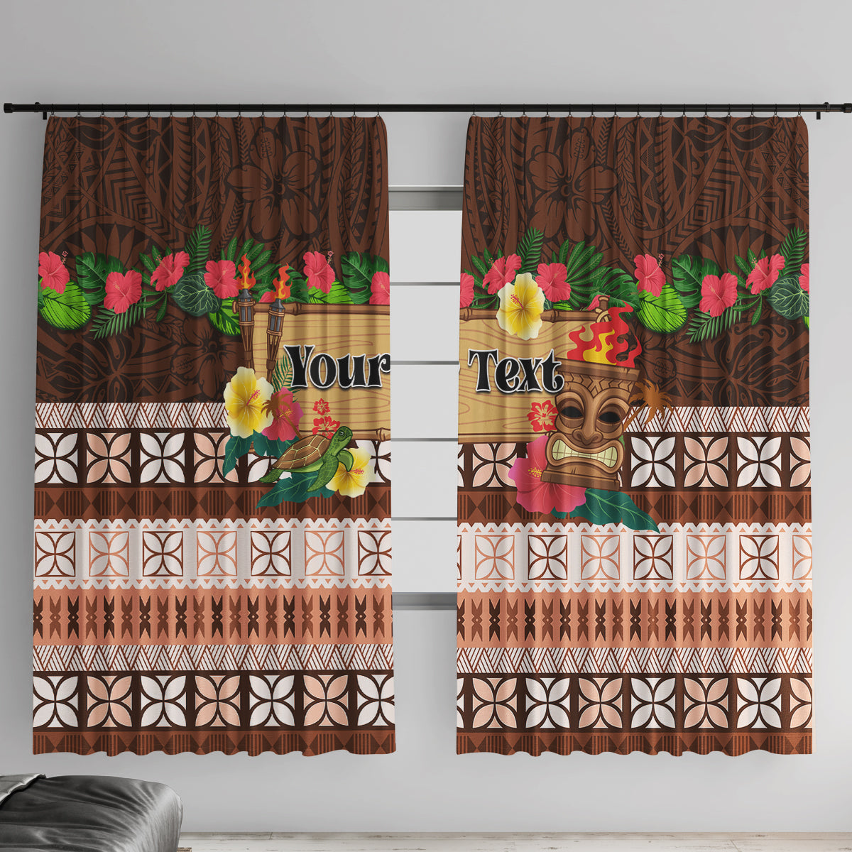 Pasifika Festival Auckland Window Curtain Polynesian Tribal with Pacific Pattern Brown Color LT03 With Hooks Brown - Polynesian Pride