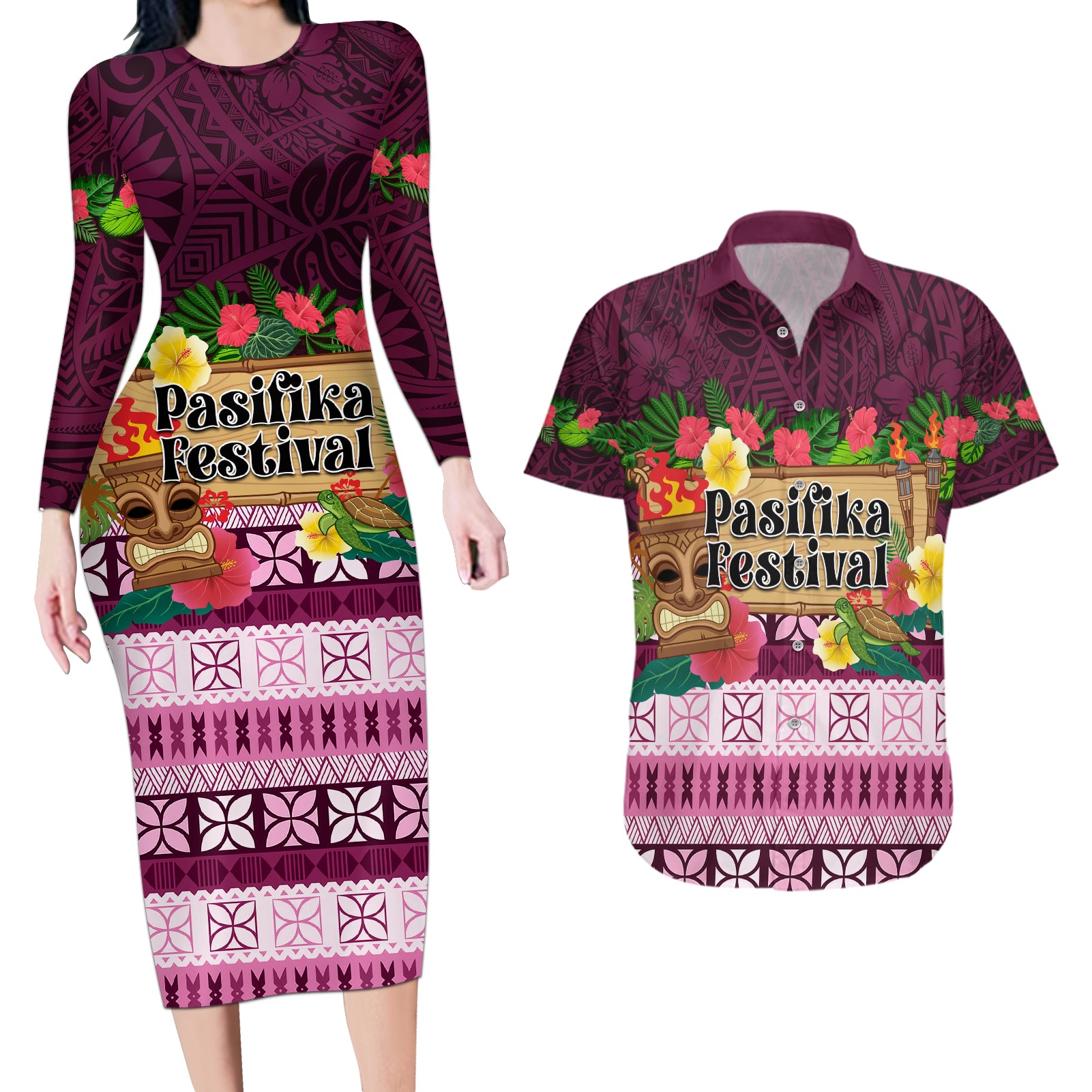 Pasifika Festival Auckland Couples Matching Long Sleeve Bodycon Dress and Hawaiian Shirt Polynesian Tribal with Pacific Pattern Pink Color LT03 Pink - Polynesian Pride