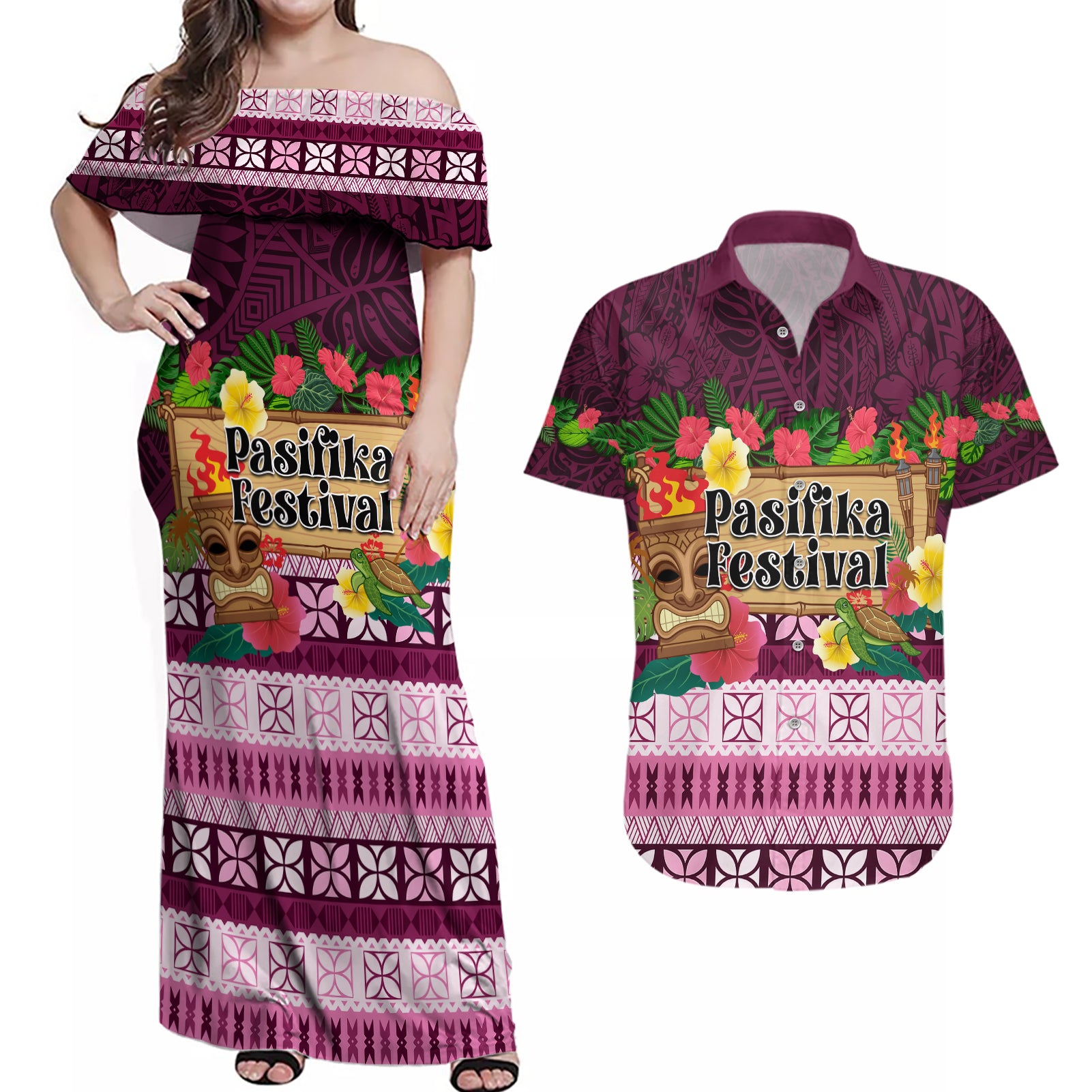 Pasifika Festival Auckland Couples Matching Off Shoulder Maxi Dress and Hawaiian Shirt Polynesian Tribal with Pacific Pattern Pink Color LT03 Pink - Polynesian Pride