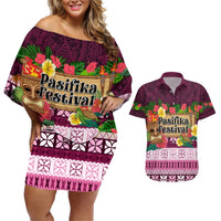 Pasifika Festival Auckland Couples Matching Off Shoulder Short Dress and Hawaiian Shirt Polynesian Tribal with Pacific Pattern Pink Color LT03 Pink - Polynesian Pride