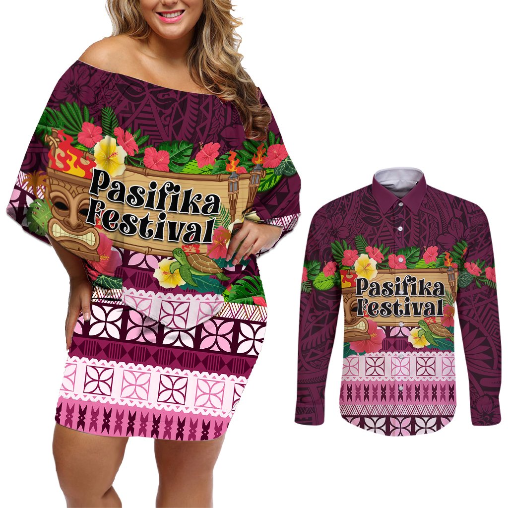 Pasifika Festival Auckland Couples Matching Off Shoulder Short Dress and Long Sleeve Button Shirt Polynesian Tribal with Pacific Pattern Pink Color LT03 Pink - Polynesian Pride