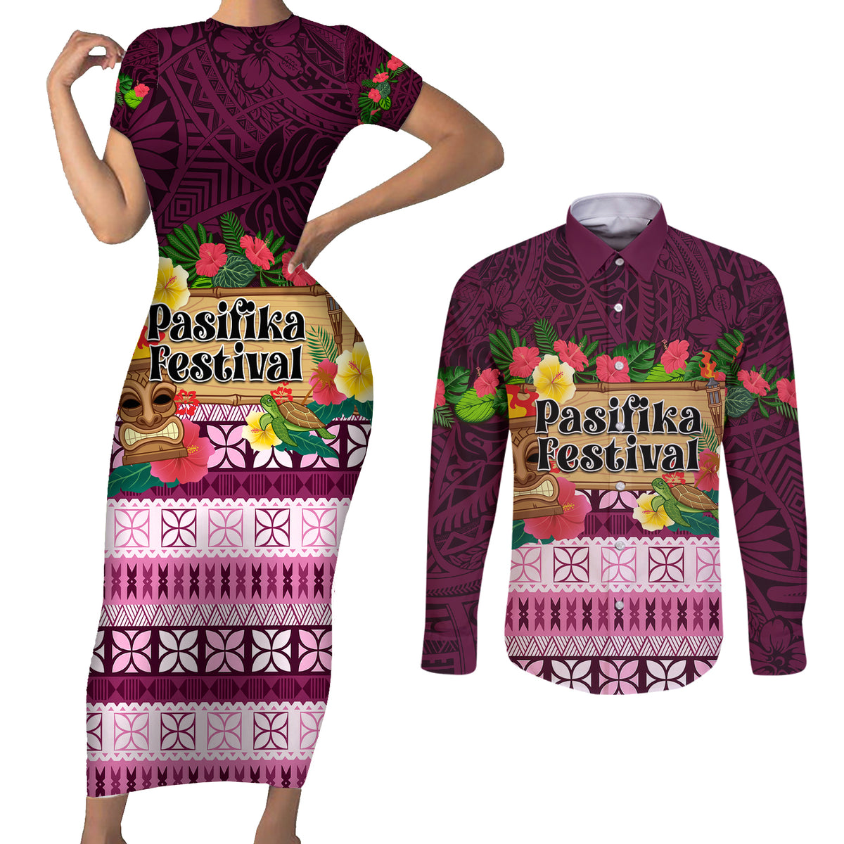 Pasifika Festival Auckland Couples Matching Short Sleeve Bodycon Dress and Long Sleeve Button Shirt Polynesian Tribal with Pacific Pattern Pink Color LT03 Pink - Polynesian Pride