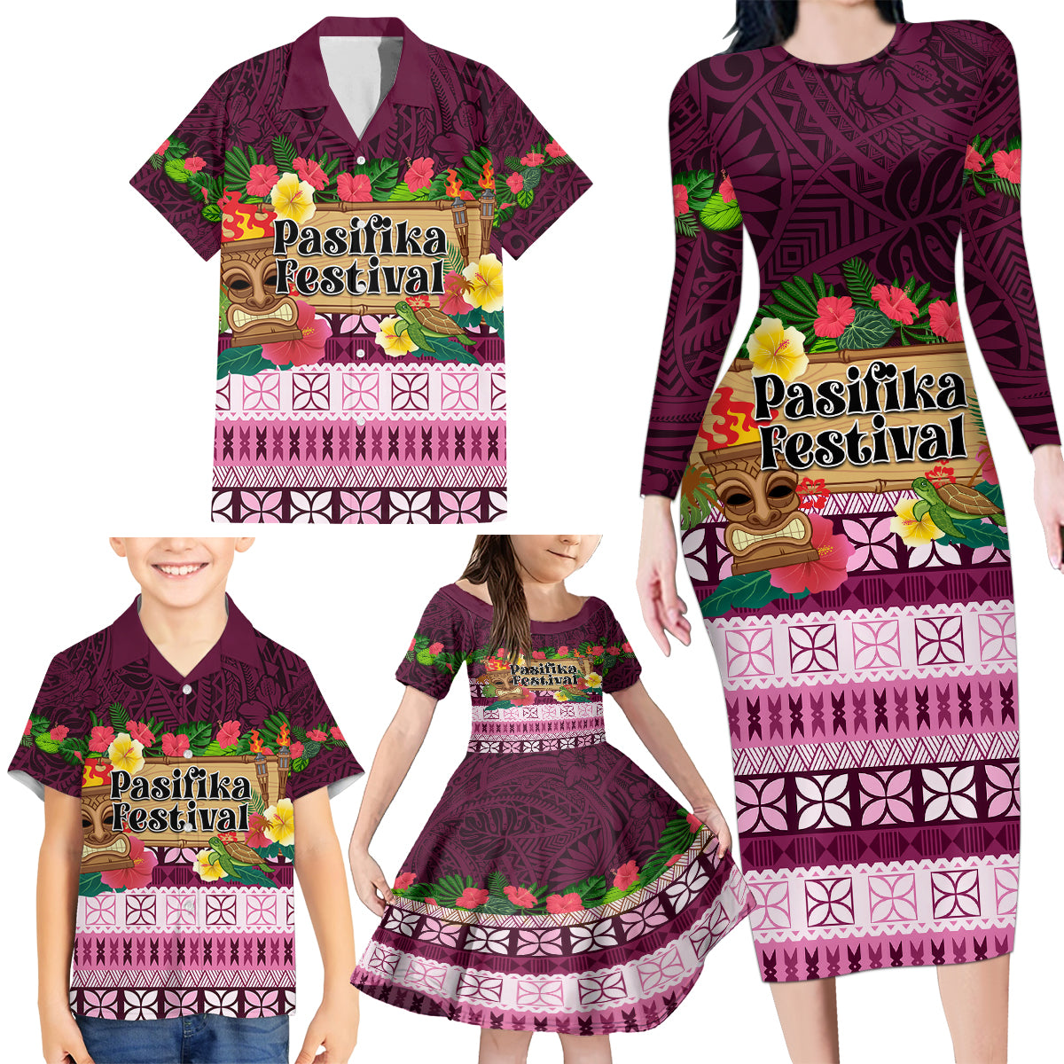 Pasifika Festival Auckland Family Matching Long Sleeve Bodycon Dress and Hawaiian Shirt Polynesian Tribal with Pacific Pattern Pink Color LT03 - Polynesian Pride