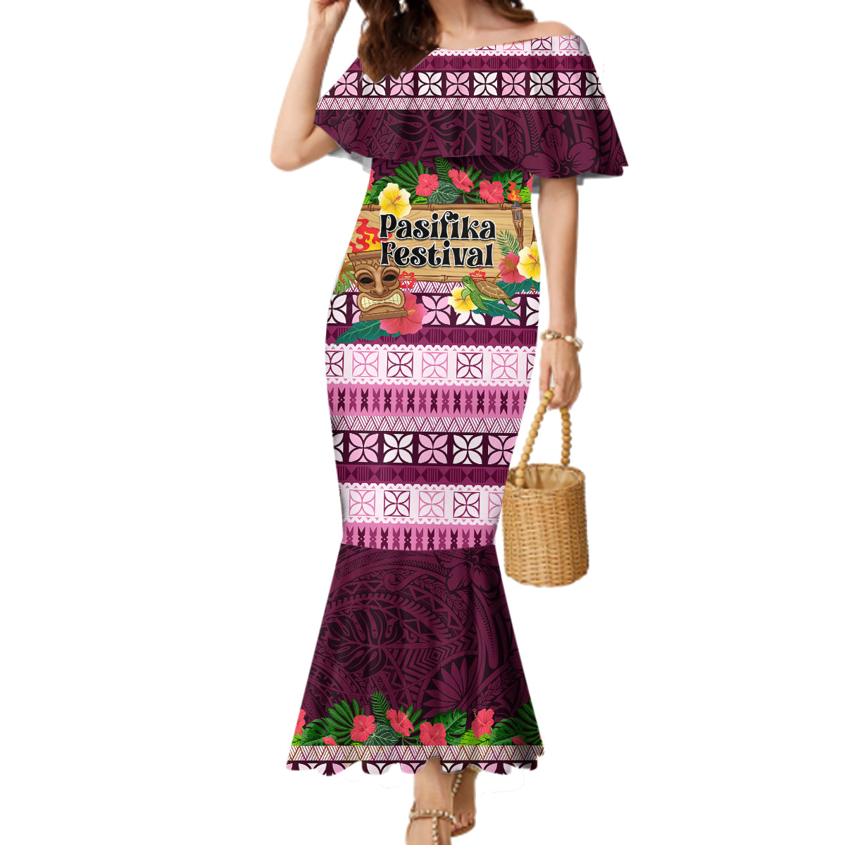 Pasifika Festival Auckland Family Matching Mermaid Dress and Hawaiian Shirt Polynesian Tribal with Pacific Pattern Pink Color LT03 Mom's Dress Pink - Polynesian Pride