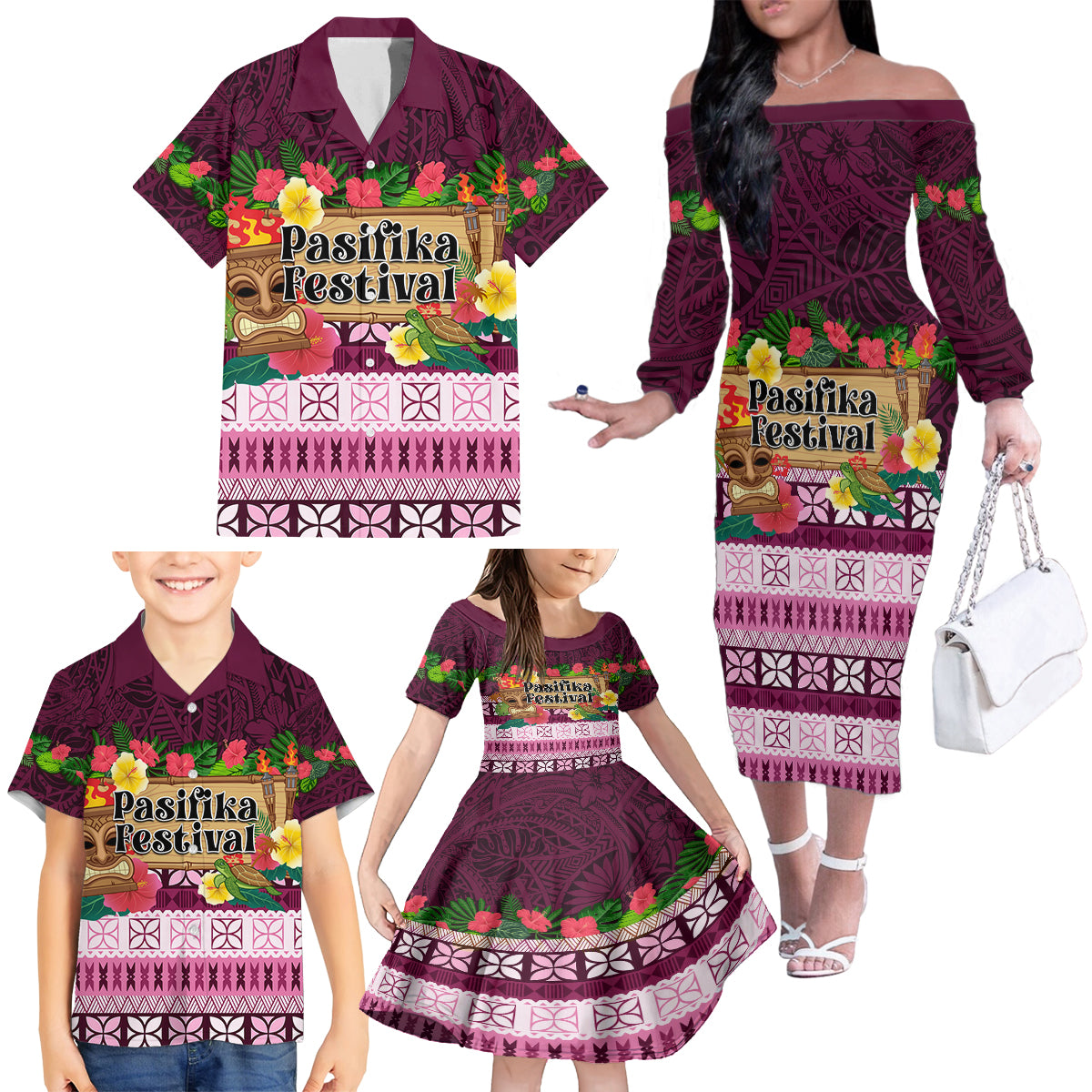 Pasifika Festival Auckland Family Matching Off Shoulder Long Sleeve Dress and Hawaiian Shirt Polynesian Tribal with Pacific Pattern Pink Color LT03 - Polynesian Pride