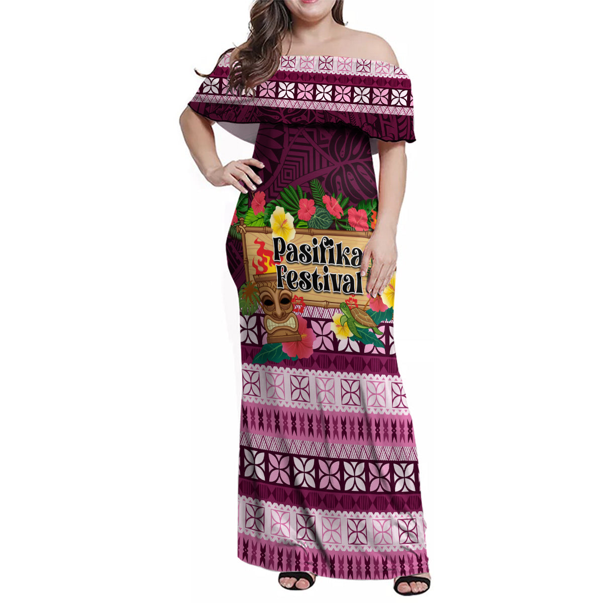 Pasifika Festival Auckland Family Matching Off Shoulder Maxi Dress and Hawaiian Shirt Polynesian Tribal with Pacific Pattern Pink Color LT03 Mom's Dress Pink - Polynesian Pride