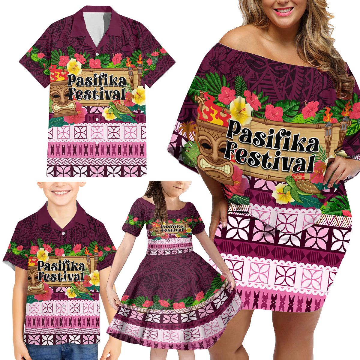 Pasifika Festival Auckland Family Matching Off Shoulder Short Dress and Hawaiian Shirt Polynesian Tribal with Pacific Pattern Pink Color LT03 - Polynesian Pride