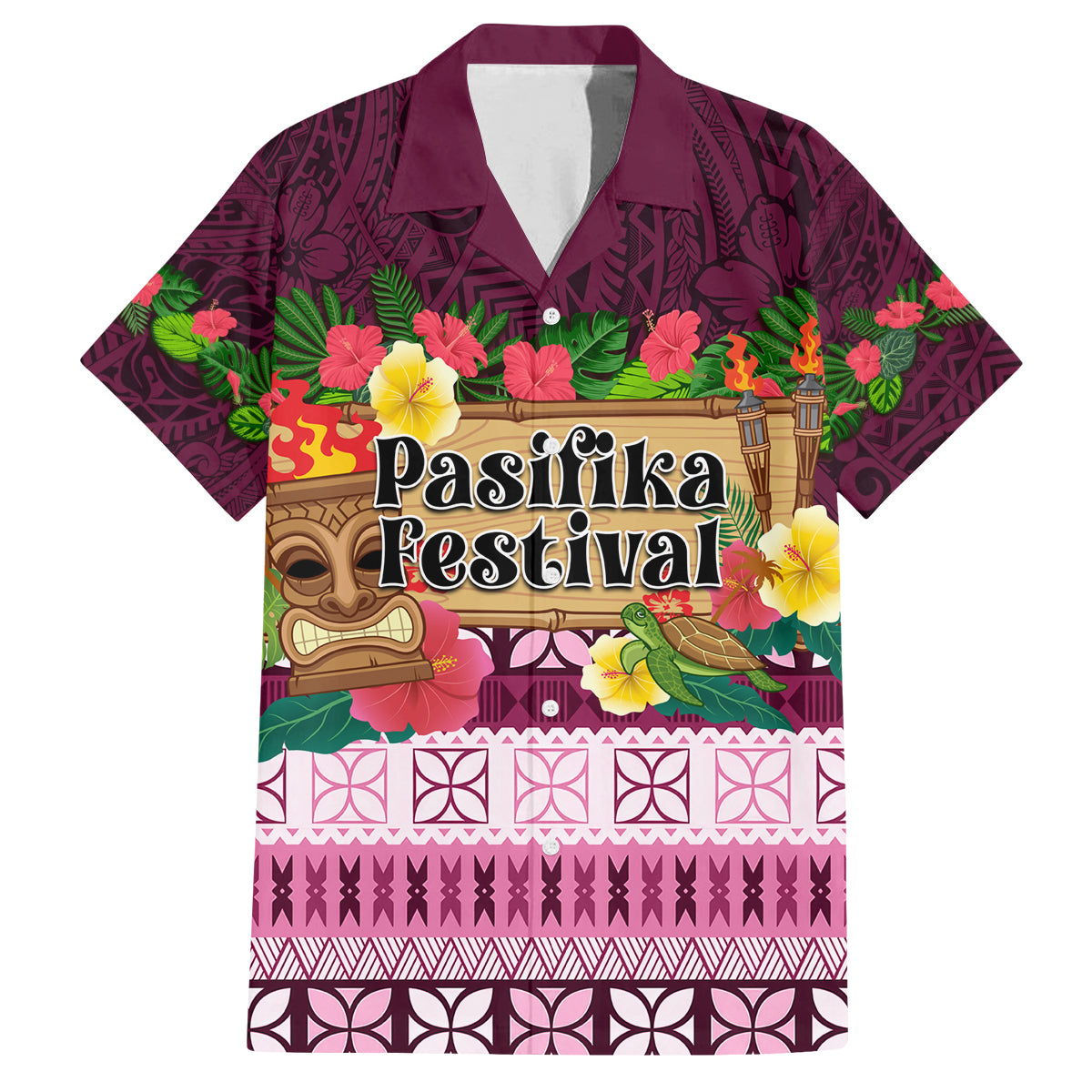 Pasifika Festival Auckland Family Matching Off Shoulder Short Dress and Hawaiian Shirt Polynesian Tribal with Pacific Pattern Pink Color LT03 Dad's Shirt - Short Sleeve Pink - Polynesian Pride