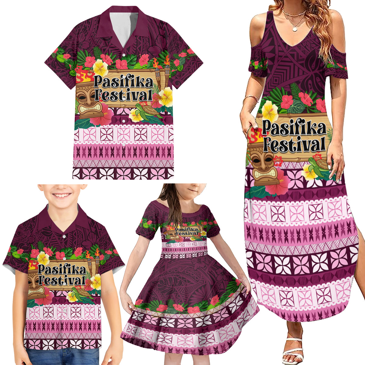 Pasifika Festival Auckland Family Matching Summer Maxi Dress and Hawaiian Shirt Polynesian Tribal with Pacific Pattern Pink Color LT03 - Polynesian Pride