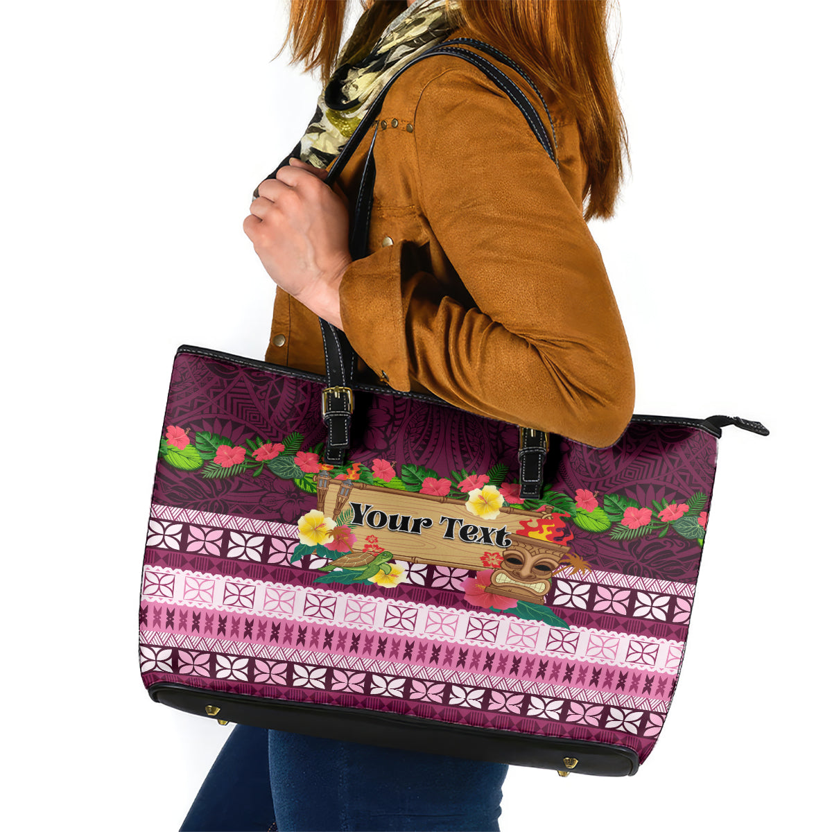 Pasifika Festival Auckland Leather Tote Bag Polynesian Tribal with Pacific Pattern Pink Color LT03 Pink - Polynesian Pride