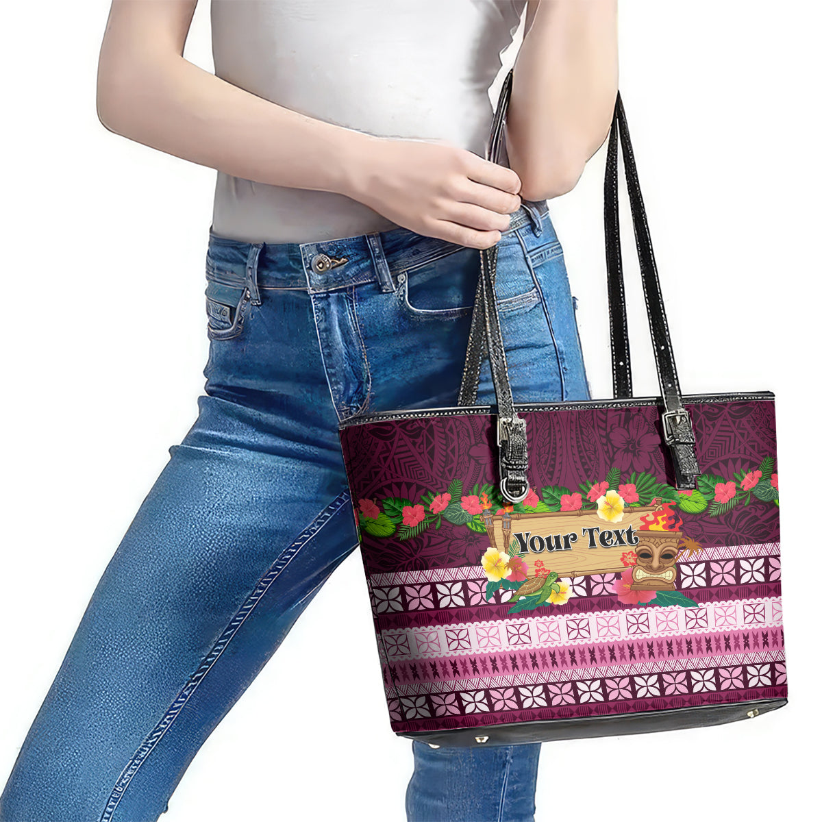 Pasifika Festival Auckland Leather Tote Bag Polynesian Tribal with Pacific Pattern Pink Color LT03 - Polynesian Pride