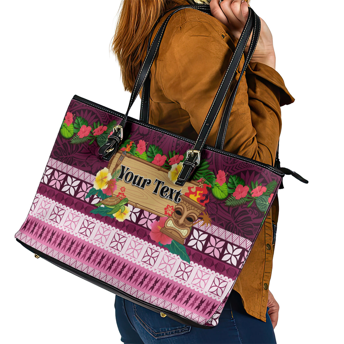 Pasifika Festival Auckland Leather Tote Bag Polynesian Tribal with Pacific Pattern Pink Color LT03 - Polynesian Pride
