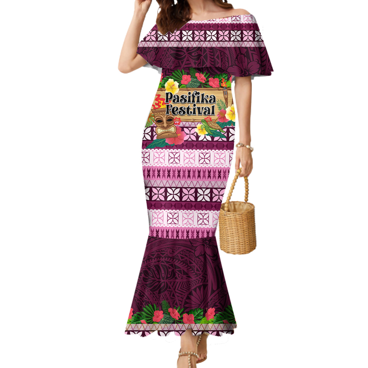 Pasifika Festival Auckland Mermaid Dress Polynesian Tribal with Pacific Pattern Pink Color LT03 Women Pink - Polynesian Pride