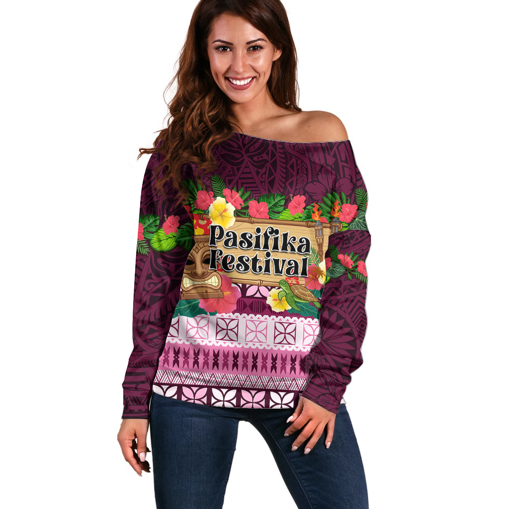 Pasifika Festival Auckland Off Shoulder Sweater Polynesian Tribal with Pacific Pattern Pink Color LT03 Women Pink - Polynesian Pride