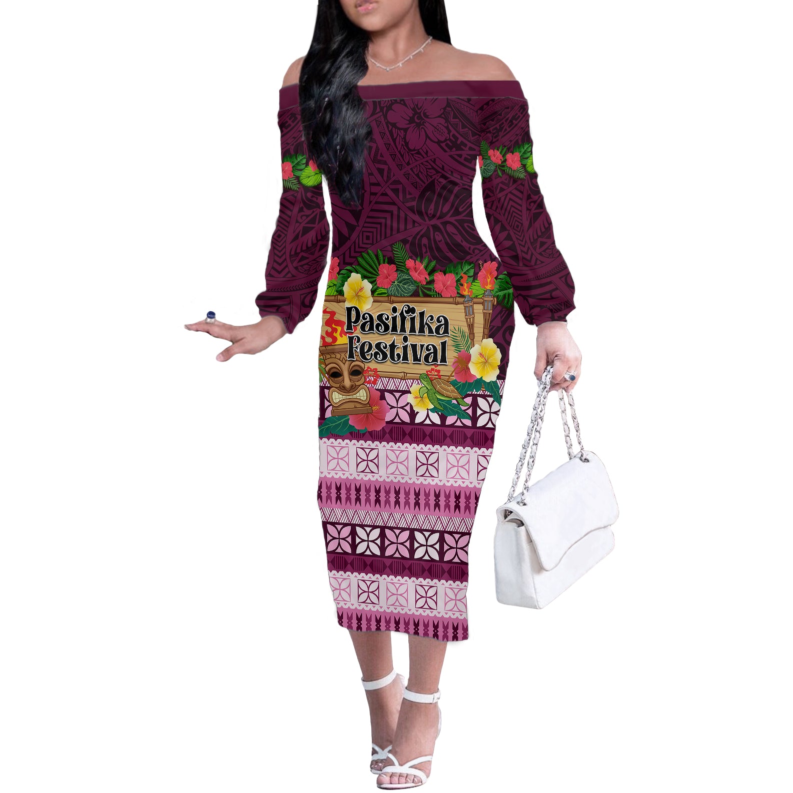 Pasifika Festival Auckland Off The Shoulder Long Sleeve Dress Polynesian Tribal with Pacific Pattern Pink Color LT03 Women Pink - Polynesian Pride