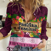 Pasifika Festival Auckland Women Casual Shirt Polynesian Tribal with Pacific Pattern Pink Color LT03 Female Pink - Polynesian Pride