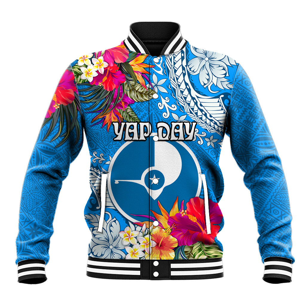 Yap Day Baseball Jacket Tapa Pattern with Hisbiscus LT03 Unisex Blue - Polynesian Pride