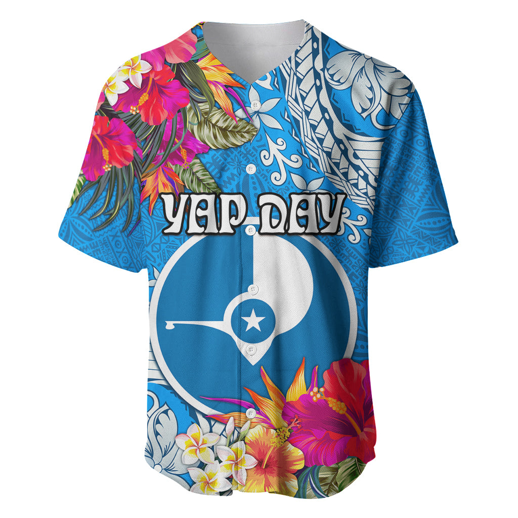 Yap Day Baseball Jersey Tapa Pattern with Hisbiscus LT03 Blue - Polynesian Pride