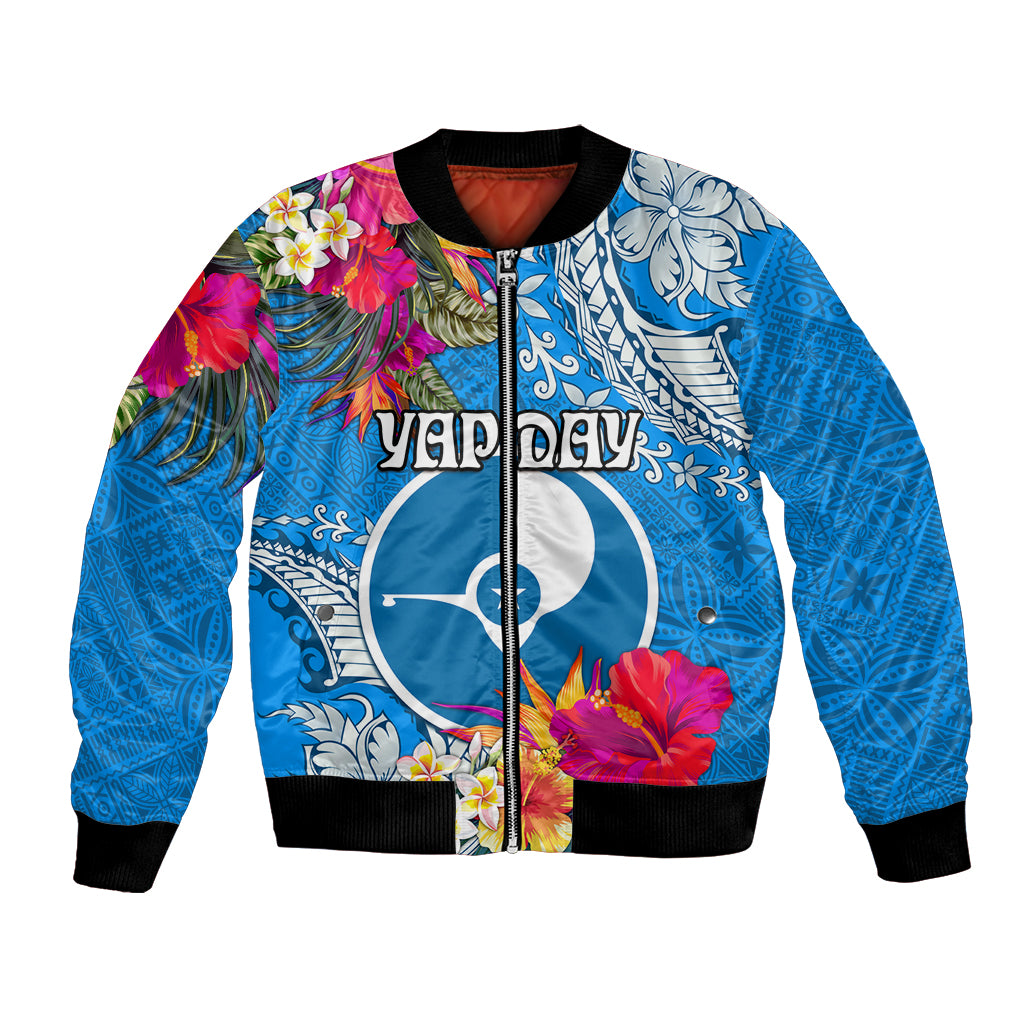 Yap Day Bomber Jacket Tapa Pattern with Hisbiscus LT03 Unisex Blue - Polynesian Pride