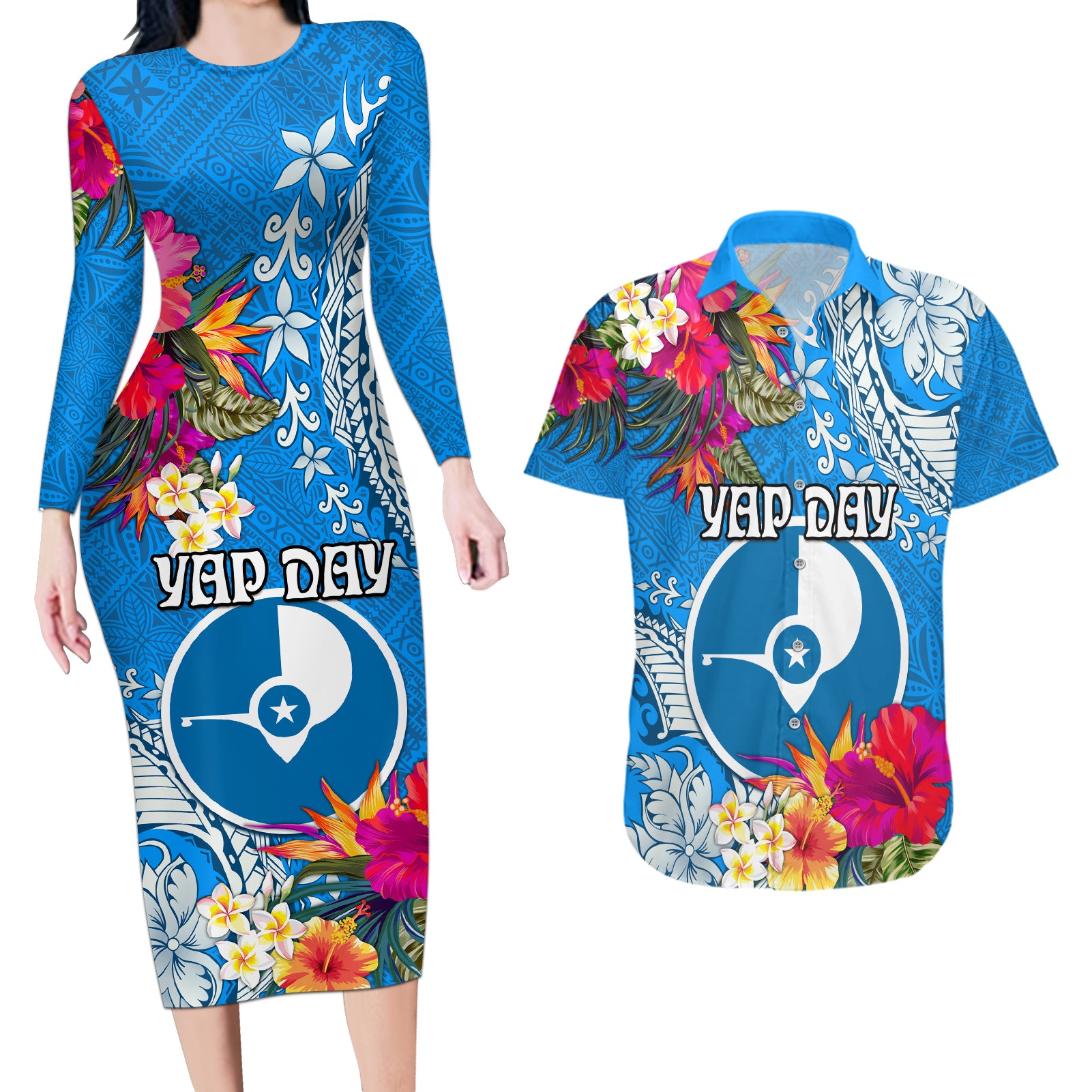 Yap Day Couples Matching Long Sleeve Bodycon Dress and Hawaiian Shirt Tapa Pattern with Hisbiscus LT03 Blue - Polynesian Pride