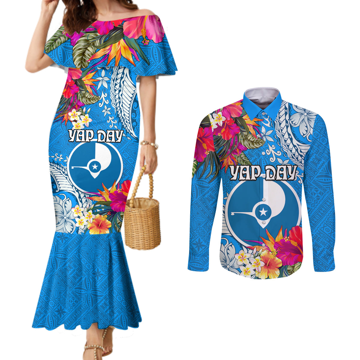 Yap Day Couples Matching Mermaid Dress and Long Sleeve Button Shirt Tapa Pattern with Hisbiscus LT03 Blue - Polynesian Pride