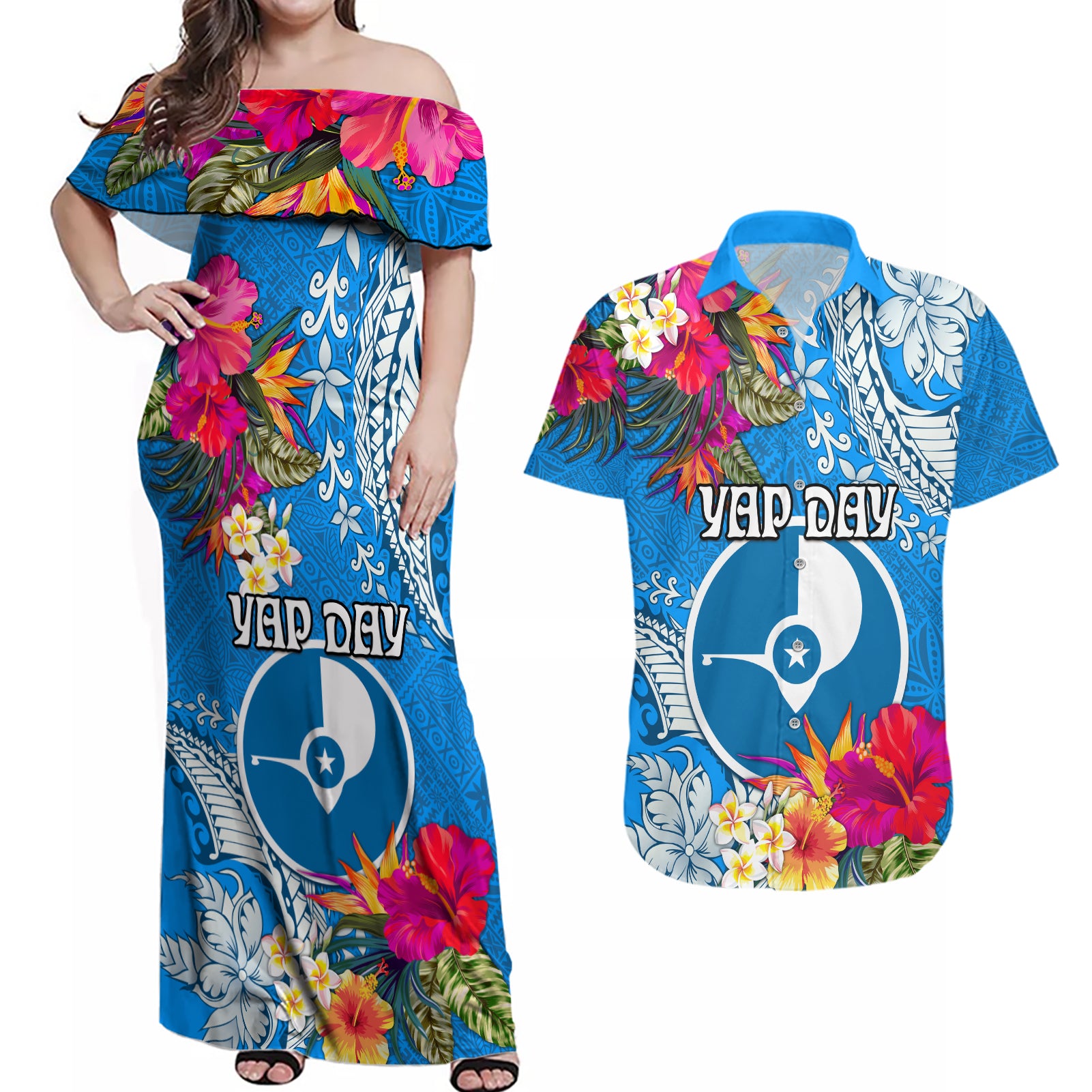 Yap Day Couples Matching Off Shoulder Maxi Dress and Hawaiian Shirt Tapa Pattern with Hisbiscus LT03 Blue - Polynesian Pride