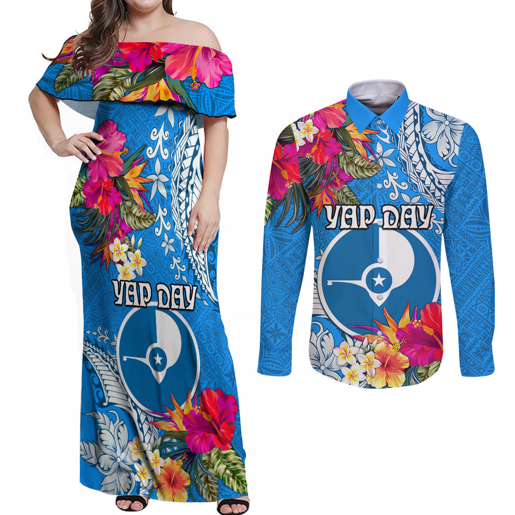 Yap Day Couples Matching Off Shoulder Maxi Dress and Long Sleeve Button Shirt Tapa Pattern with Hisbiscus LT03 Blue - Polynesian Pride