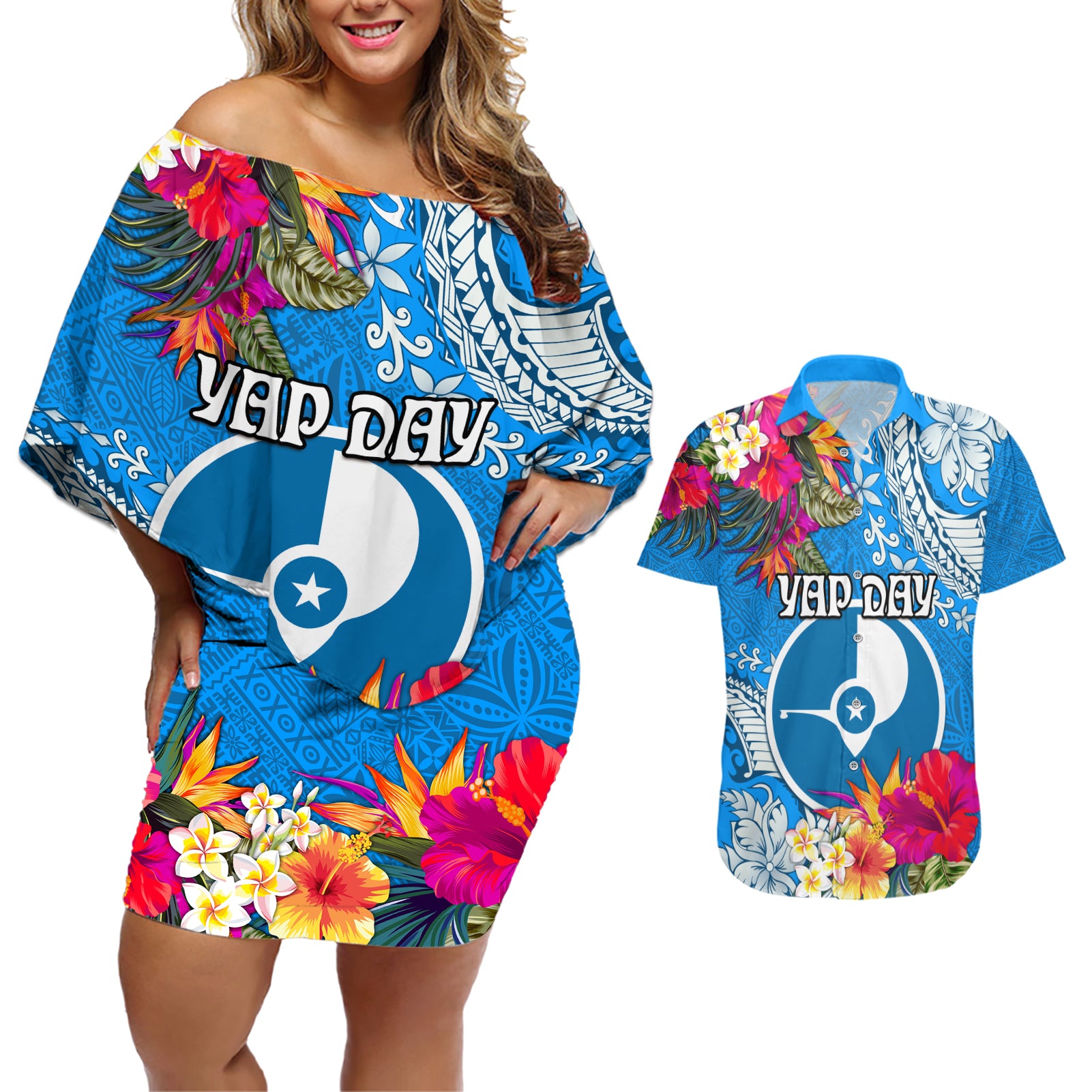 Yap Day Couples Matching Off Shoulder Short Dress and Hawaiian Shirt Tapa Pattern with Hisbiscus LT03 Blue - Polynesian Pride