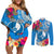 Yap Day Couples Matching Off Shoulder Short Dress and Long Sleeve Button Shirt Tapa Pattern with Hisbiscus LT03 Blue - Polynesian Pride