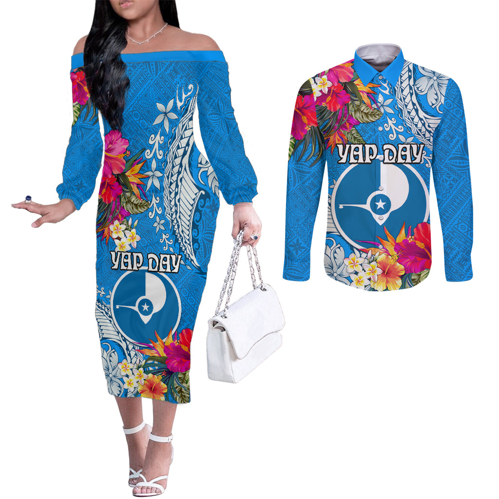 Yap Day Couples Matching Off The Shoulder Long Sleeve Dress and Long Sleeve Button Shirt Tapa Pattern with Hisbiscus LT03 Blue - Polynesian Pride