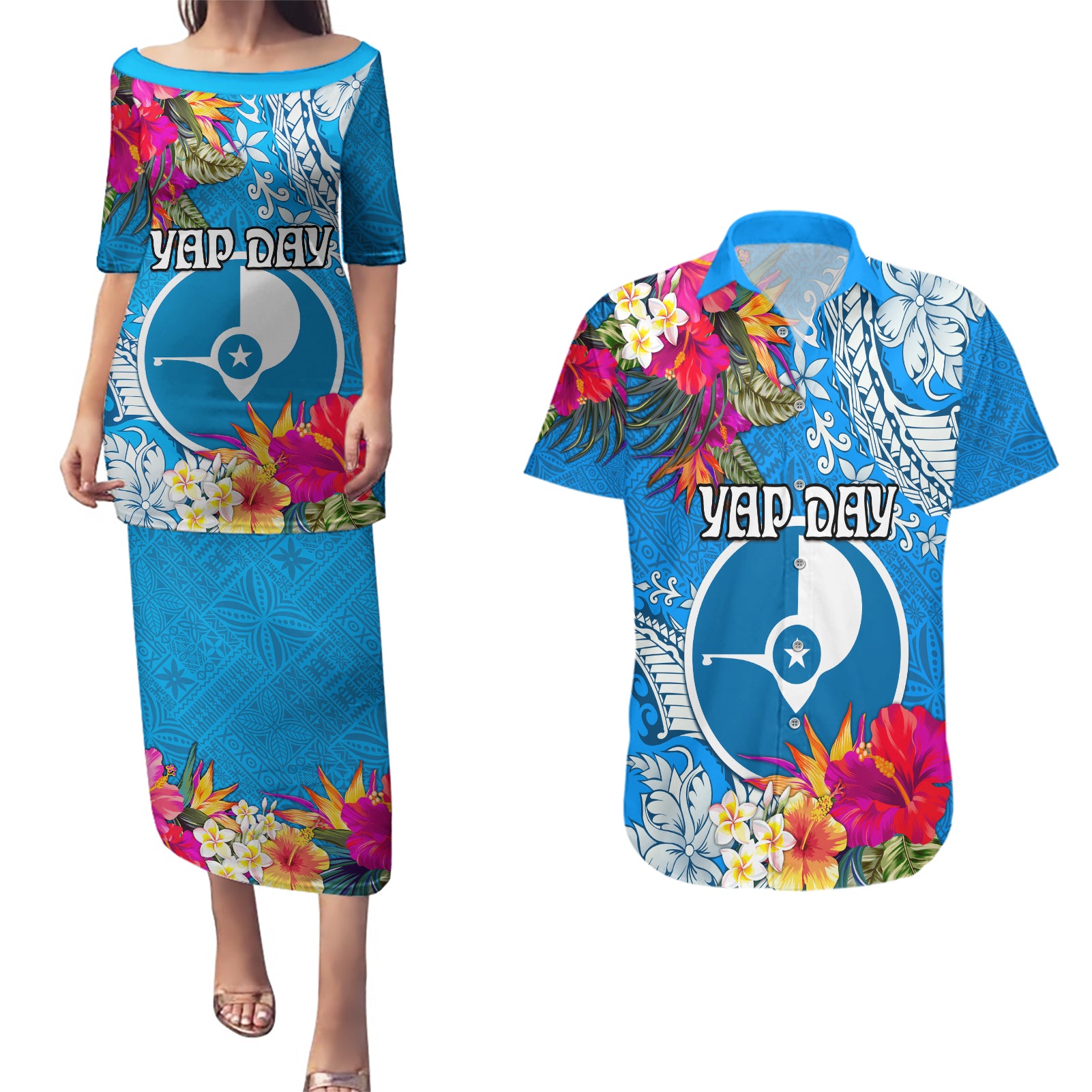 Yap Day Couples Matching Puletasi and Hawaiian Shirt Tapa Pattern with Hisbiscus LT03 Blue - Polynesian Pride