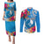 Yap Day Couples Matching Puletasi and Long Sleeve Button Shirt Tapa Pattern with Hisbiscus LT03 Blue - Polynesian Pride