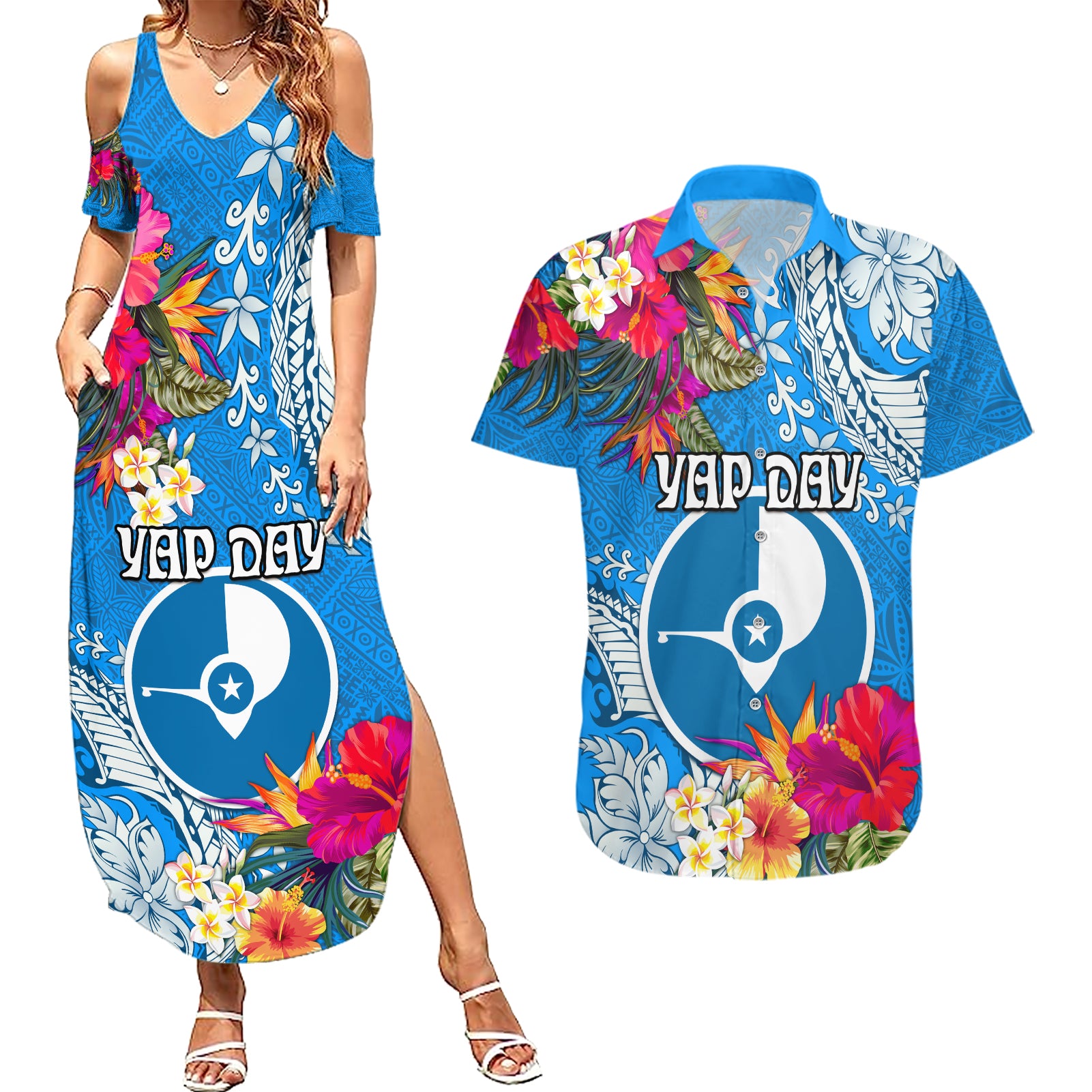 Yap Day Couples Matching Summer Maxi Dress and Hawaiian Shirt Tapa Pattern with Hisbiscus LT03 Blue - Polynesian Pride