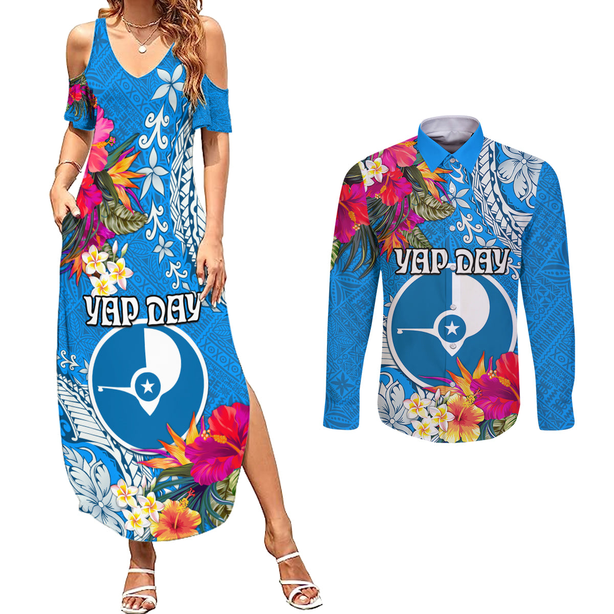 Yap Day Couples Matching Summer Maxi Dress and Long Sleeve Button Shirt Tapa Pattern with Hisbiscus LT03 Blue - Polynesian Pride