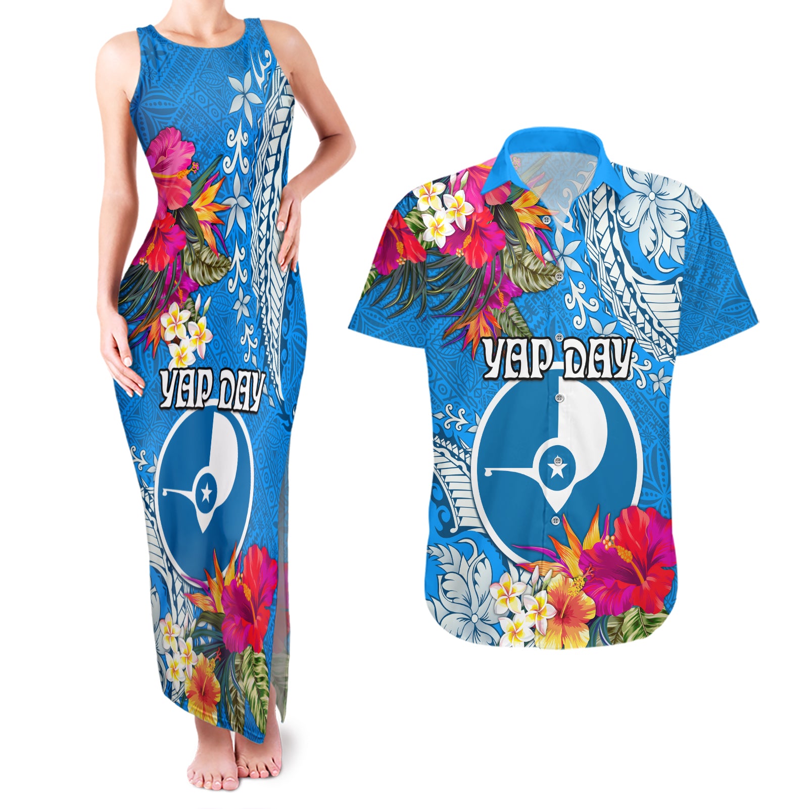 Yap Day Couples Matching Tank Maxi Dress and Hawaiian Shirt Tapa Pattern with Hisbiscus LT03 Blue - Polynesian Pride