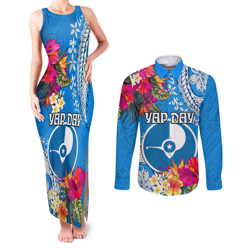 Yap Day Couples Matching Tank Maxi Dress and Long Sleeve Button Shirt Tapa Pattern with Hisbiscus LT03 Blue - Polynesian Pride